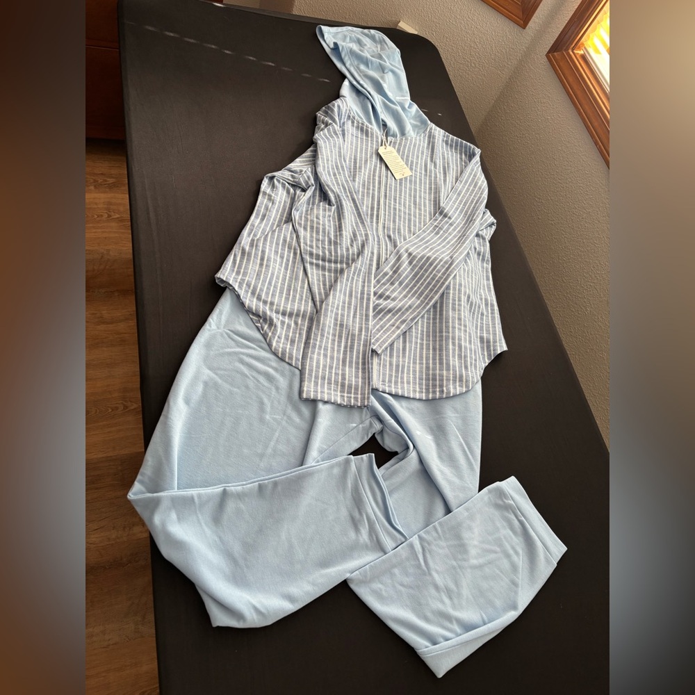 NWT Blue Striped Soft Hoodie and Pants Set, Womens Casual, Large.